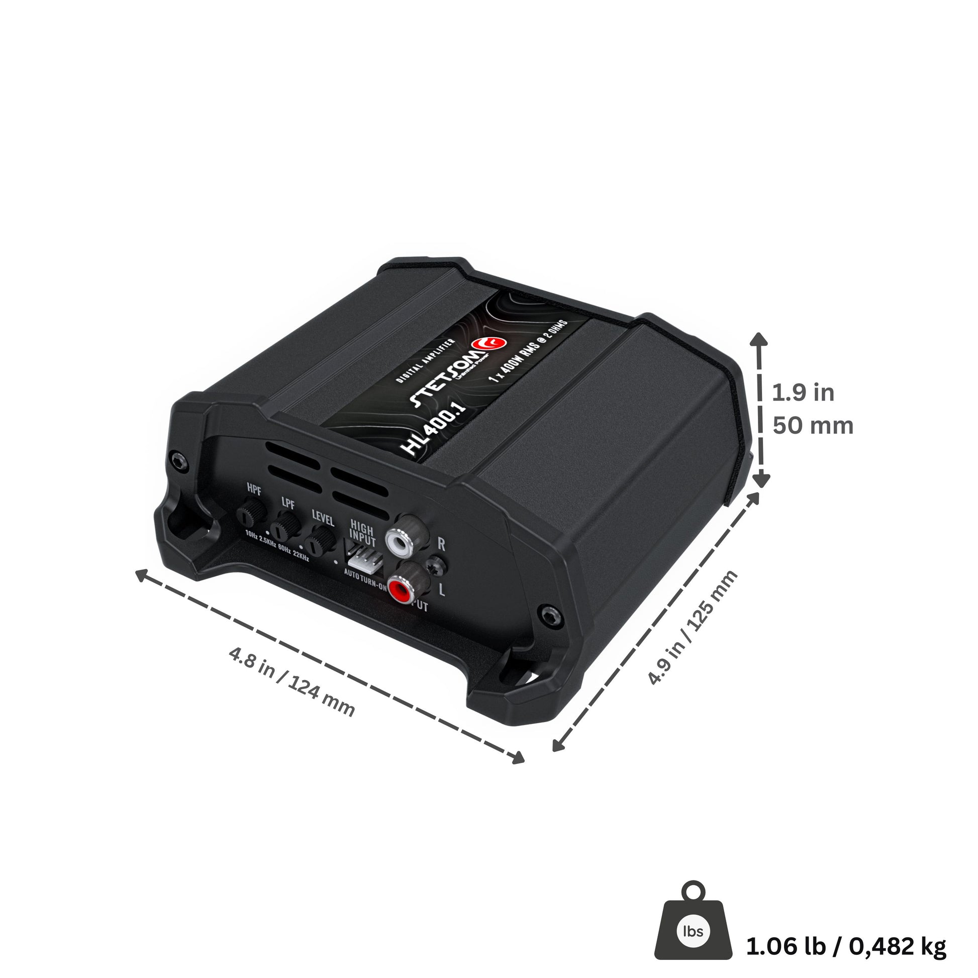 Stetsom HL 400.1 Class D Full Range Amplifier 4 Channel 400 Watts, RCA Input and High Wire Input, Variable Crossover - 2 Ohms