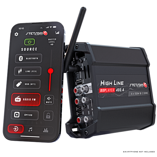 Stetsom High Line DSPLAYER 400.4, Car Audio Amplifier with DSP, Bluetooth, FM Radio, Multiple Audio Inputs, Mobile App Control