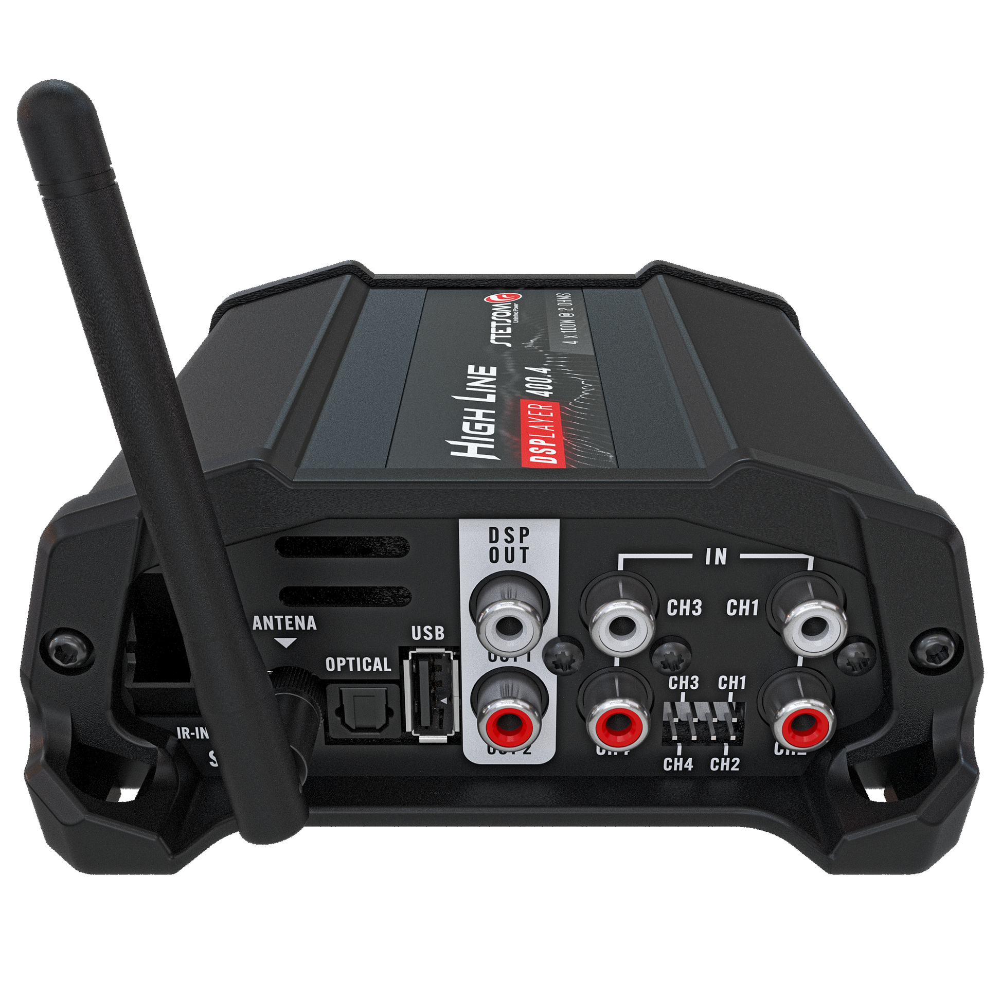 Stetsom High Line DSPLAYER 400.4, Car Audio Amplifier with DSP, Bluetooth, FM Radio, Multiple Audio Inputs, Mobile App Control