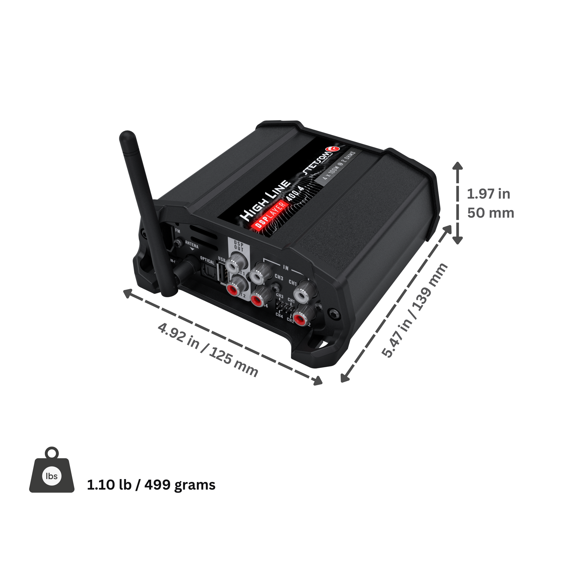 Stetsom High Line DSPLAYER 400.4, Car Audio Amplifier with DSP, Bluetooth, FM Radio, Multiple Audio Inputs, Mobile App Control