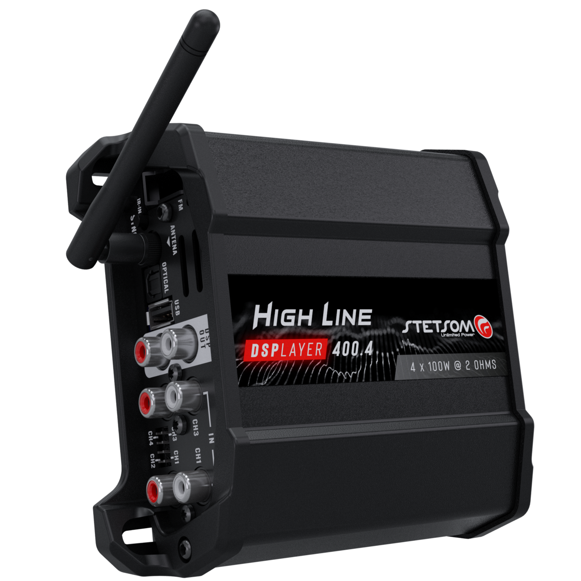 Stetsom High Line DSPLAYER 400.4, Car Audio Amplifier with DSP, Bluetooth, FM Radio, Multiple Audio Inputs, Mobile App Control