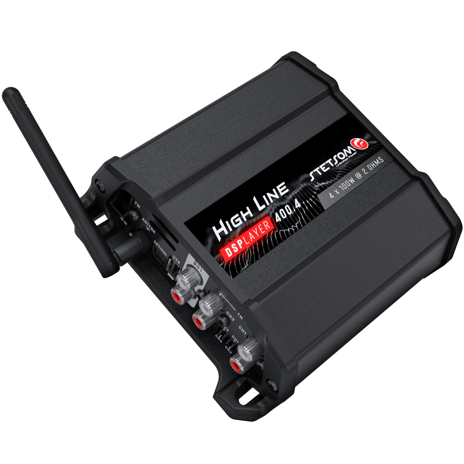 Stetsom High Line DSPLAYER 400.4, Car Audio Amplifier with DSP, Bluetooth, FM Radio, Multiple Audio Inputs, Mobile App Control