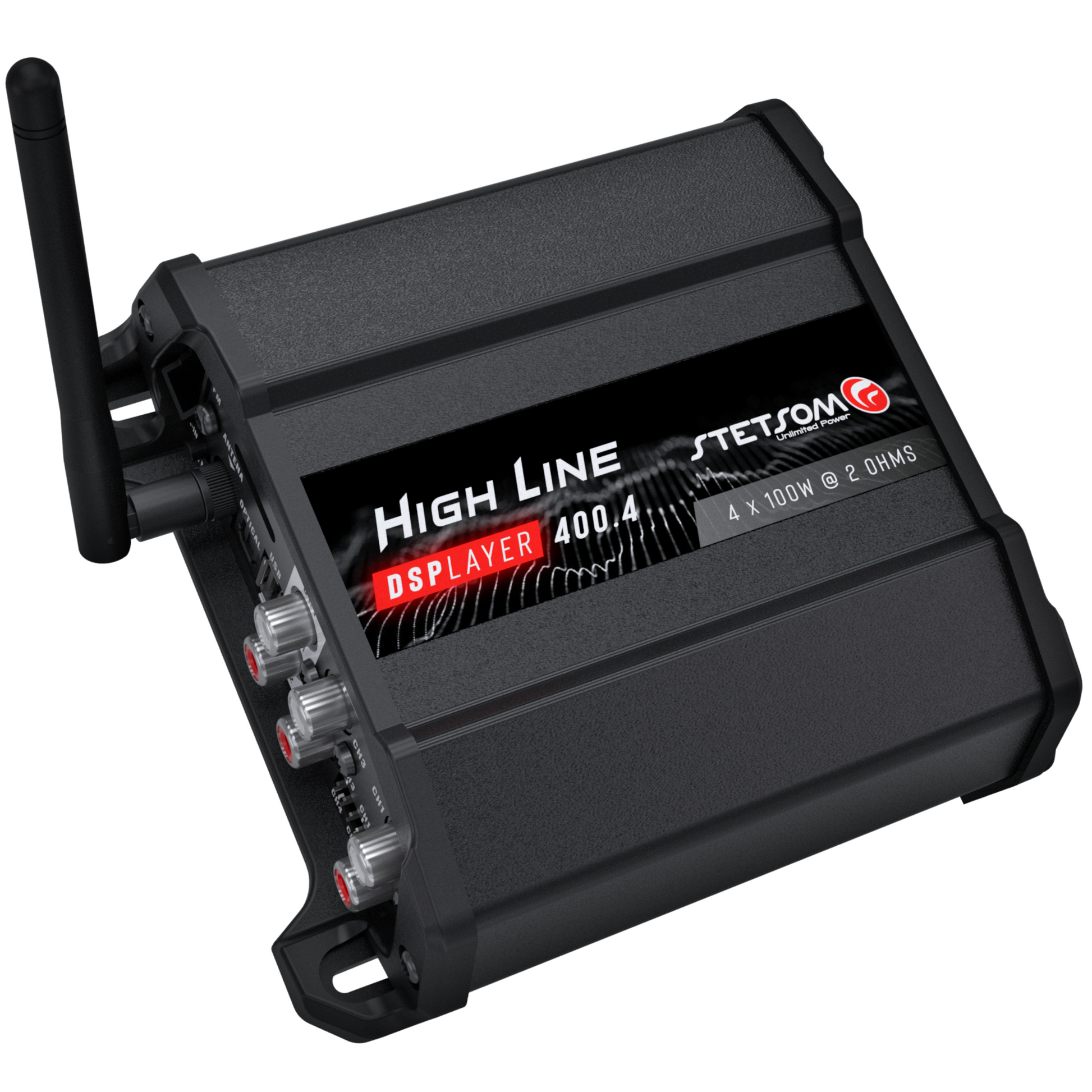 Stetsom High Line DSPLAYER 400.4, Car Audio Amplifier with DSP, Bluetooth, FM Radio, Multiple Audio Inputs, Mobile App Control