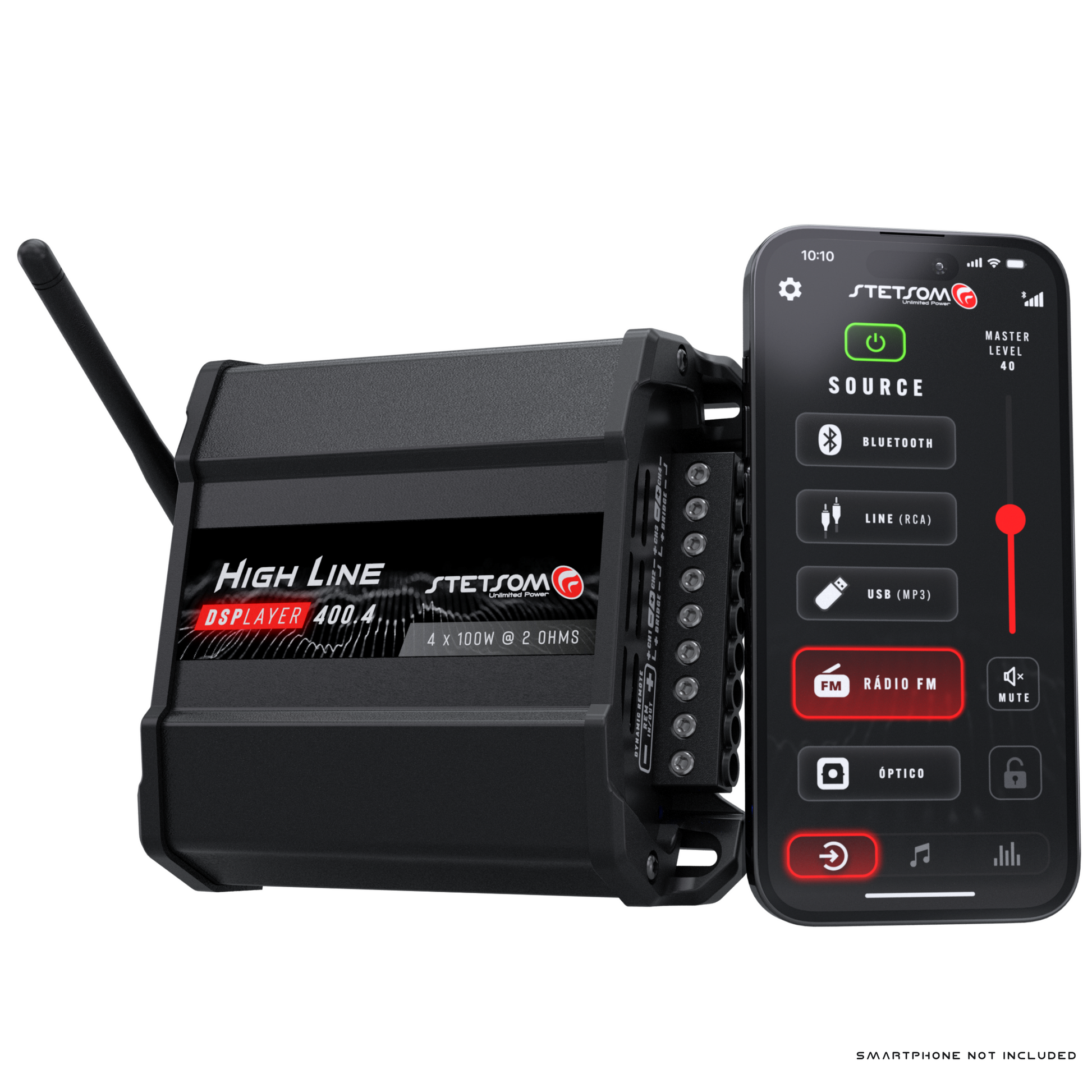 Stetsom High Line DSPLAYER 400.4, Car Audio Amplifier with DSP, Bluetooth, FM Radio, Multiple Audio Inputs, Mobile App Control